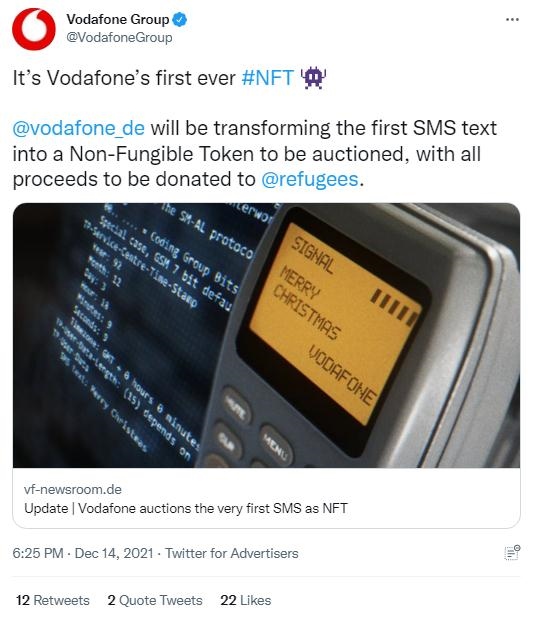 英國(guó)沃達(dá)豐公司也表示，計(jì)劃將拍賣所得全部捐贈(zèng)給聯(lián)合國(guó)難民署，以支持那些被迫逃離家園的人。(圖片來(lái)源：英國(guó)沃達(dá)豐公司社交媒體截圖)