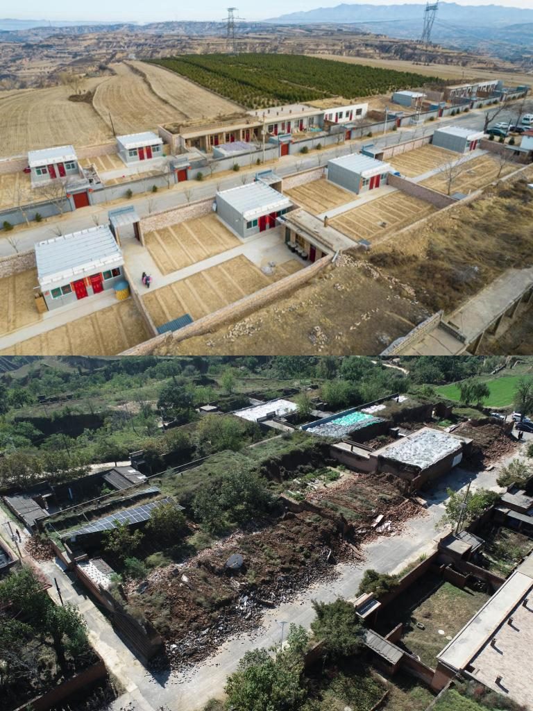 拼版照片，上圖是2022年1月山西省霍州市師莊鄉(xiāng)馮南垣村災(zāi)后恢復(fù)重建后的場景，下圖是2021年10月村莊因災(zāi)受損的場景。(霍州市委宣傳部供圖)