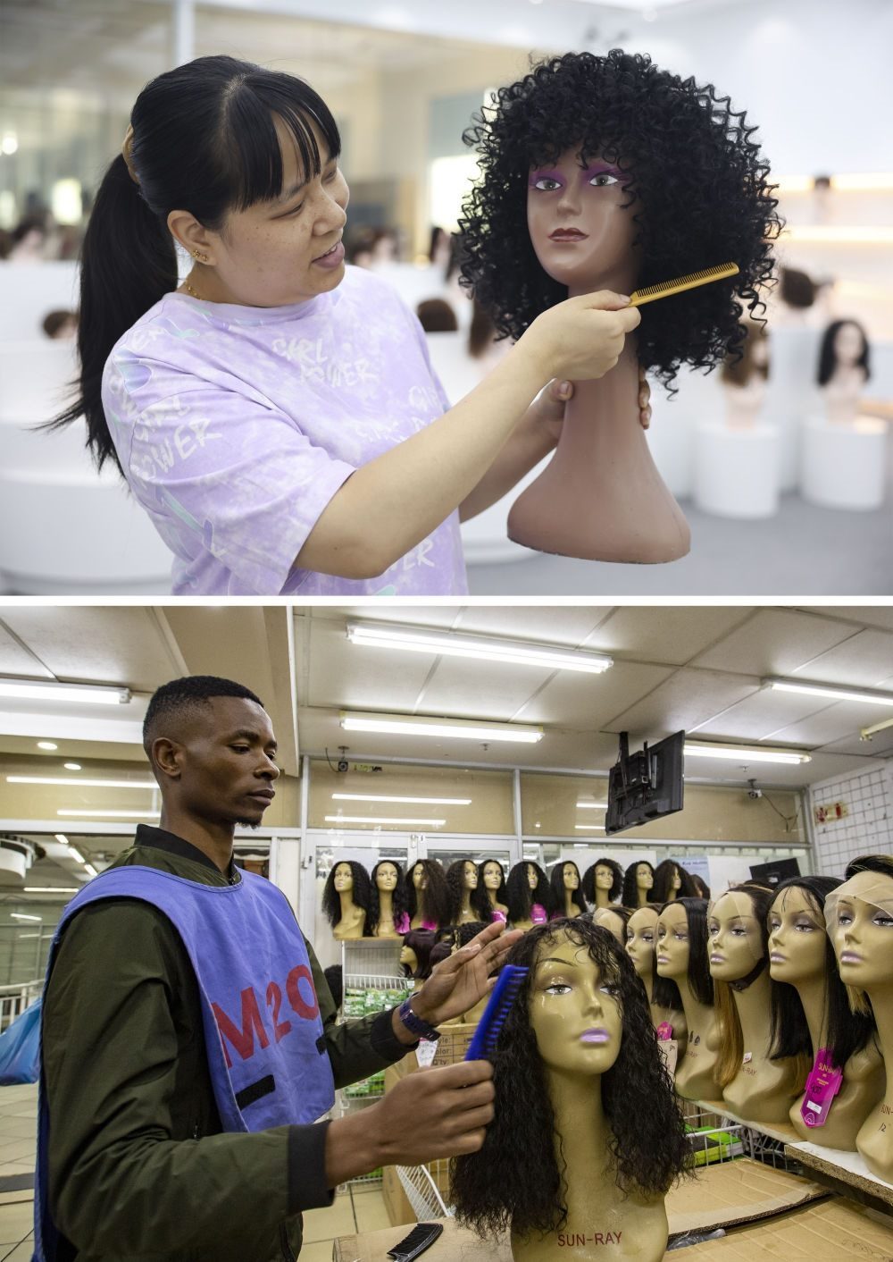 拼版照片：上圖為2023年5月25日，工人在湖南邵陽陽光發(fā)品有限公司展廳展示假發(fā)（新華社記者薛宇舸攝）；下圖為2023年6月9日，一名店員在湖南邵陽陽光發(fā)品有限公司位于南非約翰內(nèi)斯堡的店鋪內(nèi)展示假發(fā)（新華社記者張譽(yù)東攝）。新華社發(fā)