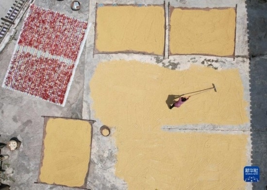 9月16日，村民在貴州省黔東南苗族侗族自治州施秉縣馬溪鄉(xiāng)王家坪村晾曬稻谷（無人機(jī)照片）。