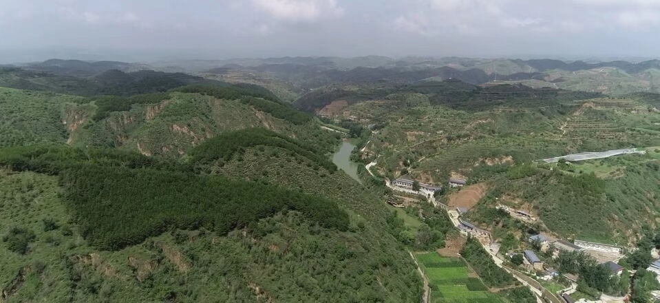 黃土溝壑中的高西溝村滿眼綠色（無人機照片，2023年7月26日）。新華社記者陳昌奇 攝