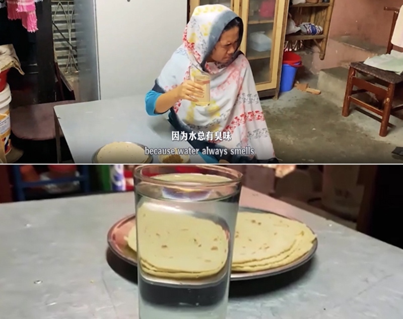 圖為紀實短片截圖：上圖為水質(zhì)未改善前，飲用水發(fā)黃渾濁；下圖為水廠建成后，飲用水水質(zhì)明顯改善，清澈透明。