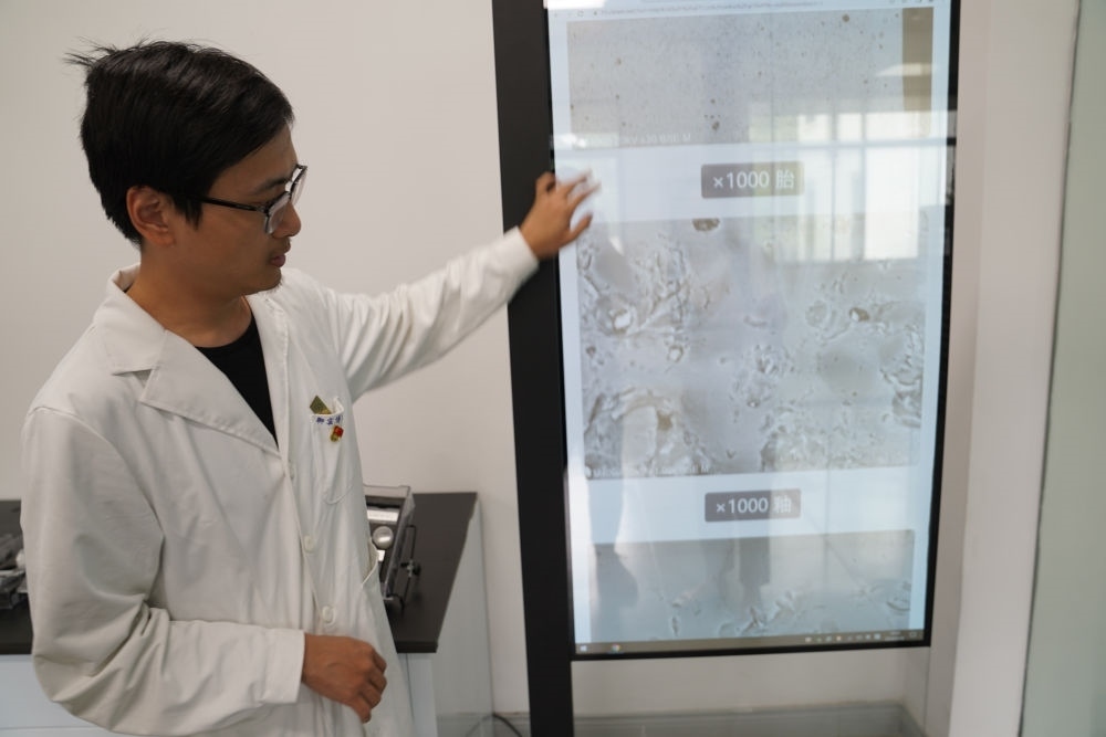 ↑ 工作人員展示瓷片標(biāo)本的配方研究數(shù)據(jù)（2023年5月16日攝）。