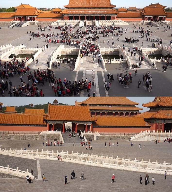 上午9時(shí)和下午13時(shí)的太和門廣場(chǎng)客流對(duì)比。故宮博物院供圖