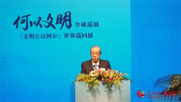 日本前首相福田康夫致辭。人民網(wǎng) 蔣曉辰攝