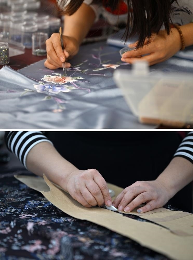 拼版照片：上圖為老美華定制車間的制衣師傅在面料上貼鉆；下圖為老美華定制車間的制衣師傅在面料上劃線（2023年12月8日攝）。天津老美華始創(chuàng)于1911年，歷史上以“千層底”布鞋聞名，是享譽(yù)津門的“中華老字號(hào)”。新華社記者 李然 攝