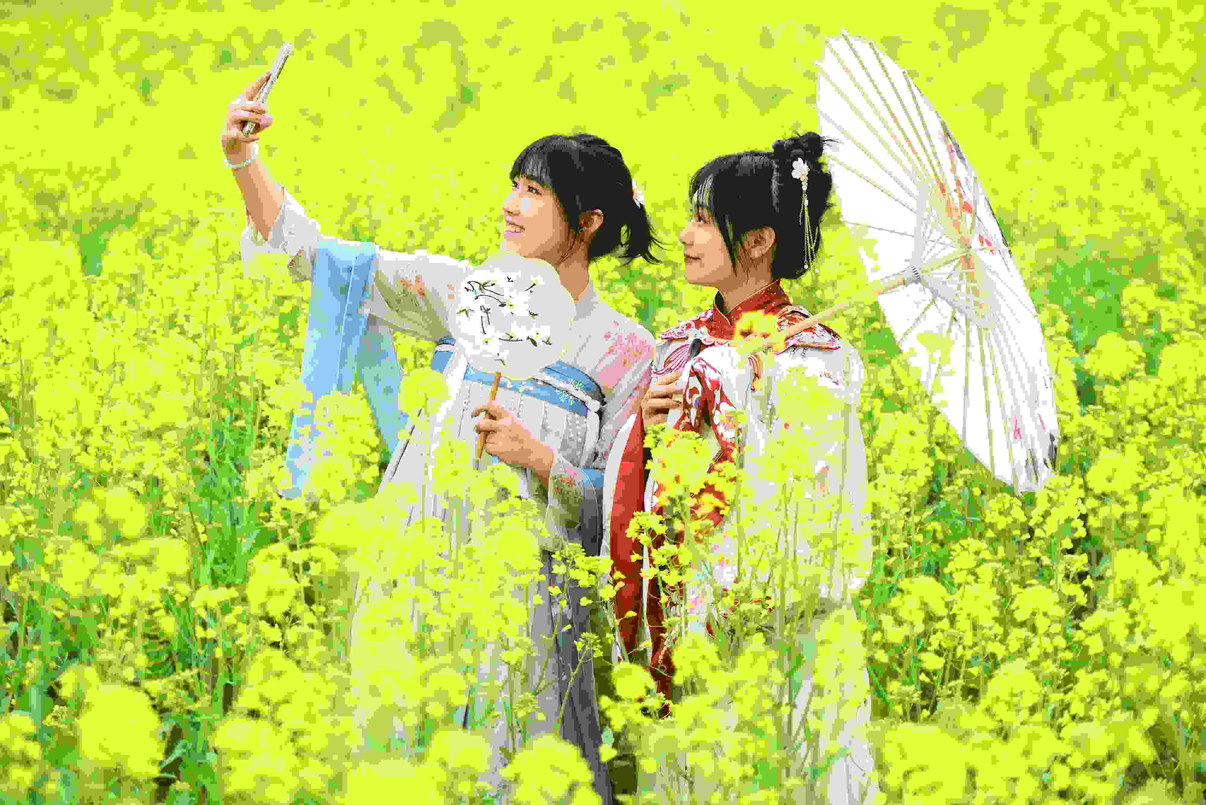 △ 2024年2月16日，廣西賀州，在富川瑤族自治縣麥嶺鎮(zhèn)三民村，游客在油菜花田間賞花拍照。