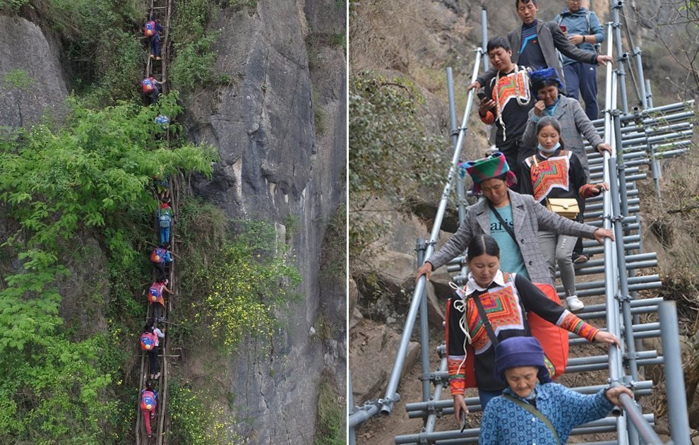 “懸崖村”今昔對比：左圖為2016年5月14日，“懸崖村”的孩子們攀爬木梯回家。右圖為2020年5月13日，“懸崖村”村民帶著行李通過鋼梯下山，搬遷至易地扶貧集中安置點(diǎn)的新家。
