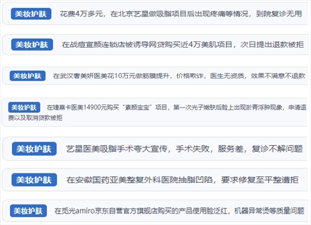 “人民投訴”用戶舉報(bào)醫(yī)美未達(dá)預(yù)期效果或?qū)е律眢w損傷退款遭拒、機(jī)構(gòu)及服務(wù)人員虛假資質(zhì)、被誘導(dǎo)高額醫(yī)美貸、網(wǎng)購(gòu)美容儀器質(zhì)量不過(guò)關(guān)等問(wèn)題。（“人民投訴”平臺(tái)截圖）