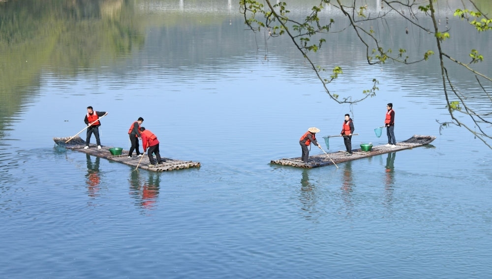 浙江省臺(tái)州市仙居縣步路鄉(xiāng)黨員志愿者與河長(zhǎng)一起在永安溪巡河護(hù)水，清理雜物垃圾（2024年3月20日攝）。新華社發(fā)（王華斌攝）