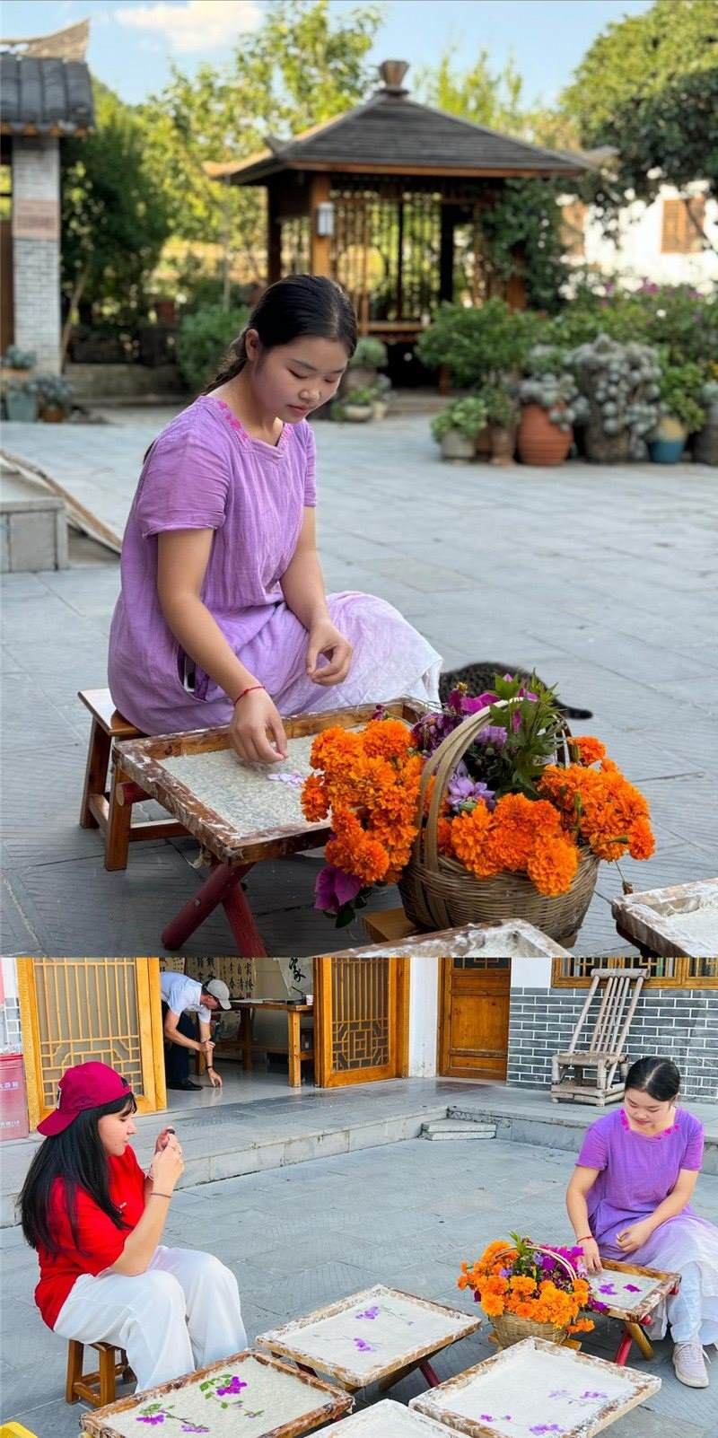 沒有女生不愛花。以古法造紙技藝為基礎(chǔ)，再輔以花草枝葉勾勒各式圖案，創(chuàng)作出花茂村獨(dú)具特色的紙漿壓花畫，少女手中的花是她眼中的風(fēng)景，而她與正在制作的紙漿壓花畫也是別人眼中的風(fēng)景。（哈薩克斯坦BAQ通訊社高級(jí)記者古爾詹·拉曼庫洛娃、張亞欣攝）