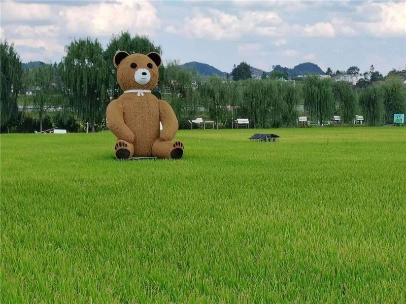 稻穗搖曳，垂柳依依，山嵐多姿，好一幅歲月靜好山鄉(xiāng)恬靜圖。這憨厚俏皮的熊玩偶造型，像是亂入其中，形成現(xiàn)代與傳統(tǒng)、好動(dòng)與寧靜的反差感，讓人過目不忘，也讓人莞爾一笑。（哈薩克斯坦鳳凰24新聞社總編輯兼首席執(zhí)行官克馬爾·馬山羅攝）