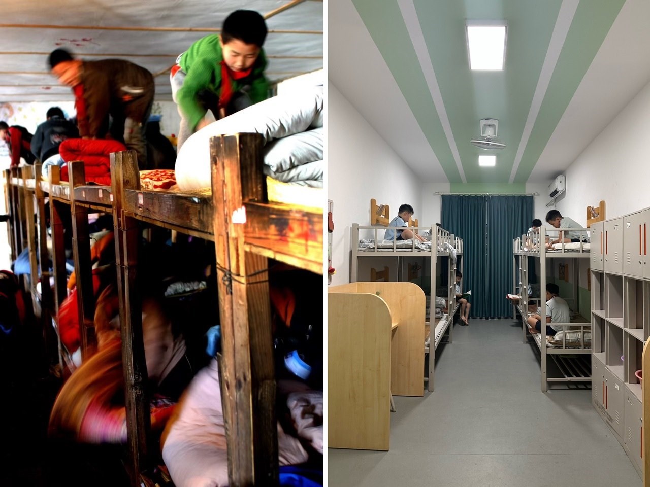 縉云縣東渡鎮(zhèn)長(zhǎng)坑小學(xué)2005年以前的學(xué)生宿舍（左），以及現(xiàn)在的學(xué)生宿舍（右） 學(xué)校供圖