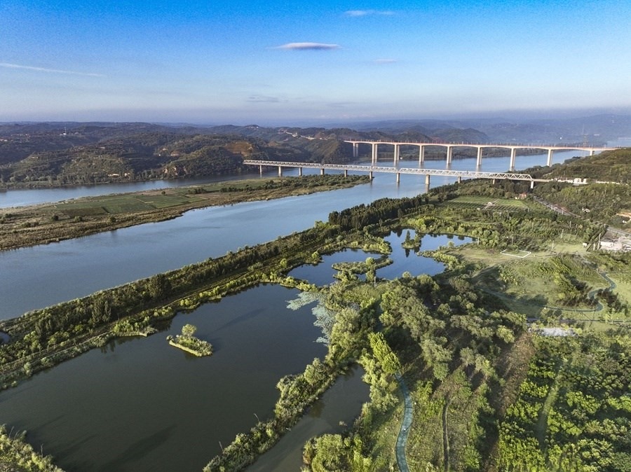 這是2023年8月28日在河南黃河濕地國(guó)家級(jí)自然保護(hù)區(qū)濟(jì)源段拍攝的景色（無(wú)人機(jī)照片）。新華社發(fā) 苗秋鬧 攝