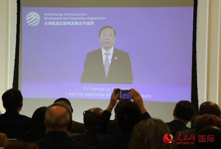 全球能源互聯(lián)網(wǎng)發(fā)展合作組織主席、中國電力企業(yè)聯(lián)合會理事長辛保安通過視頻方式致辭。人民網(wǎng)記者 李志偉攝