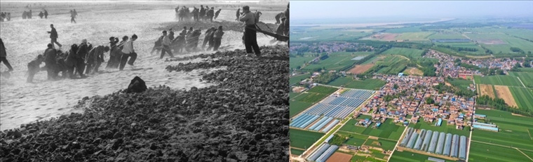 拼版照片：左圖為蘭考群眾在拉淤土壓沙（新華社記者 鄧歷耕 攝）；右圖為2024年4月25日拍攝的蘭考縣張莊村（無人機照片，新華社記者 郝源 攝）。