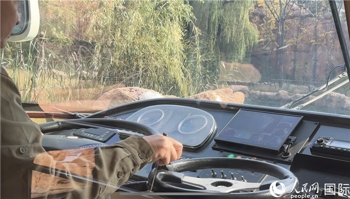 鄭州銀基動(dòng)物王國水陸兩棲觀光車駕駛室。人民網(wǎng) 謝瑩攝