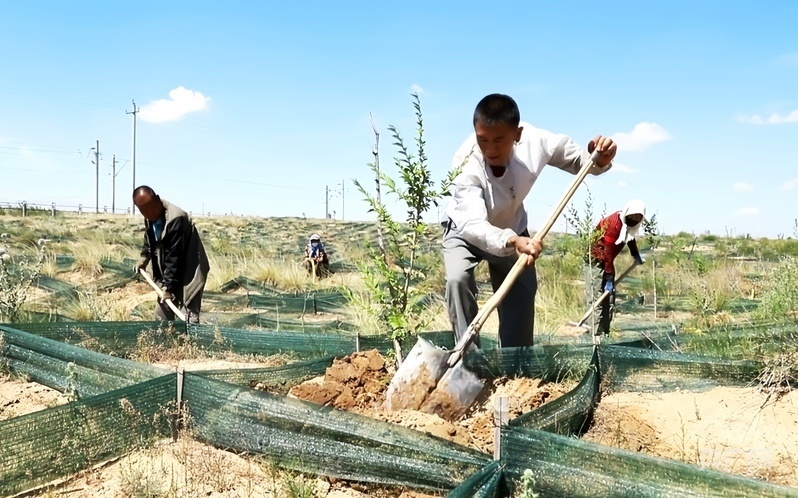 郭璽（前）與村民在防沙方格中植樹(shù)（央廣網(wǎng)發(fā) 古浪縣融媒體中心供圖）