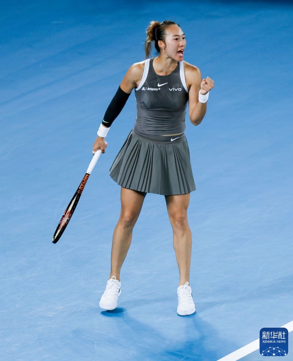 ↑鄭欽文在比賽中慶祝得分。新華社記者 馬平 攝