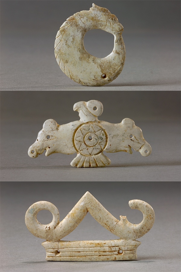 玉龍（上）、玉鷹（中）和玉冠飾（下）。國家文物局供圖