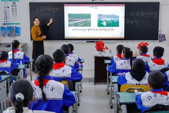 2024年9月27日，在四川省甘孜藏族自治州道孚縣城關(guān)第一完全小學(xué)，采取“藏加模式”教學(xué)的五年級(jí)一班的藏語文課上，準(zhǔn)木周老師指導(dǎo)藏族學(xué)生以家鄉(xiāng)草原風(fēng)物為主題寫作藏語文作文。新華社記者 沈伯韓 攝