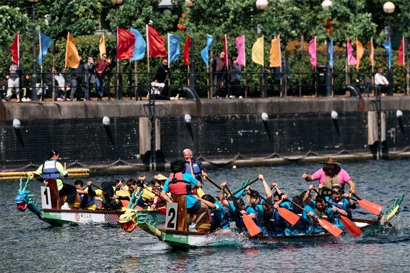 中英雙方的參賽隊(duì)伍參與龍舟競(jìng)渡。楊浩鵬攝