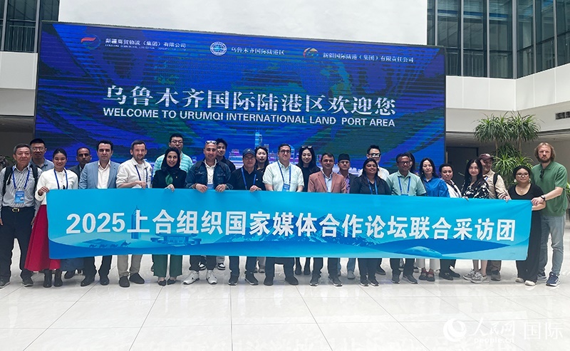 5月26日，外國(guó)媒體人在烏魯木齊國(guó)際陸港區(qū)合影留念。 人民網(wǎng)記者 翟轉(zhuǎn)麗攝