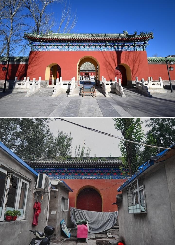 位于先農(nóng)壇內(nèi)的慶成宮，曾長(zhǎng)時(shí)間被雜亂的民居占據(jù)。在北京中軸線申遺保護(hù)工作的帶動(dòng)下，北京完成了慶成宮區(qū)域文物征收騰退、非文物建筑拆除、彩畫保護(hù)、本體修繕、展覽布陳等，讓560多年歷史的古建群重新回歸。2024年12月，北京中軸線上先農(nóng)壇內(nèi)的慶成宮首次面向社會(huì)公眾開放。上圖為騰退修繕后的慶成宮內(nèi)宮門（資料照片）；下圖為翻拍的慶成宮內(nèi)宮門騰退修繕前的資料照片（2024年12月21日攝）。